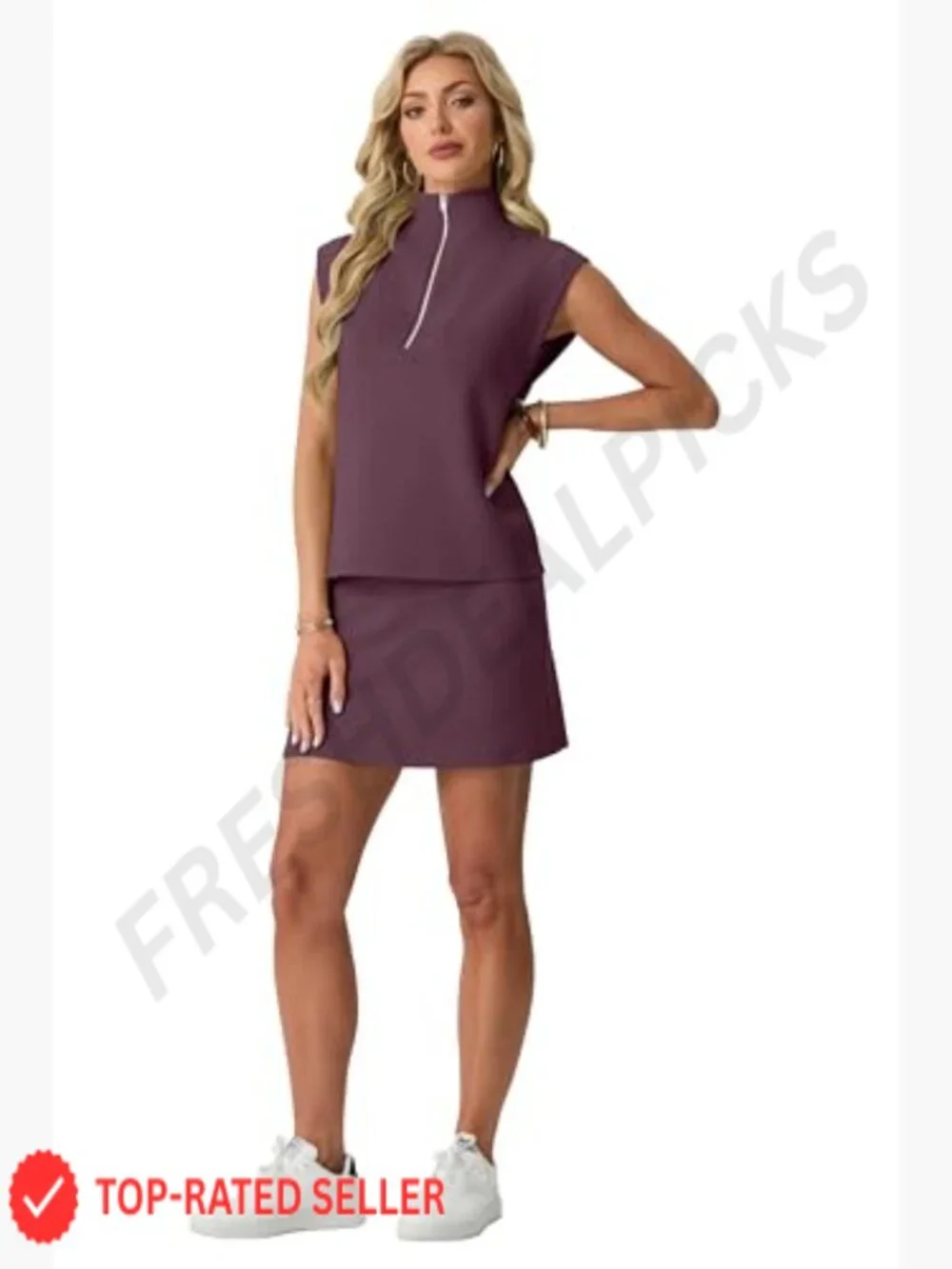 2 Piece Skort Set Cap Sleeve Zip Collared Top Matching Tennis Skirt with